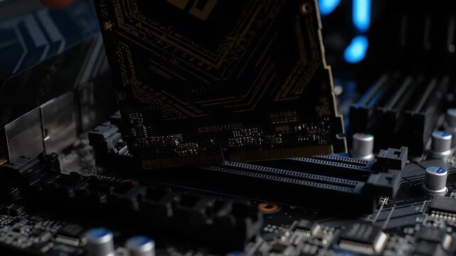 Closeup Installing Gold Etched RAM Memory Module on Desktop Motherboard