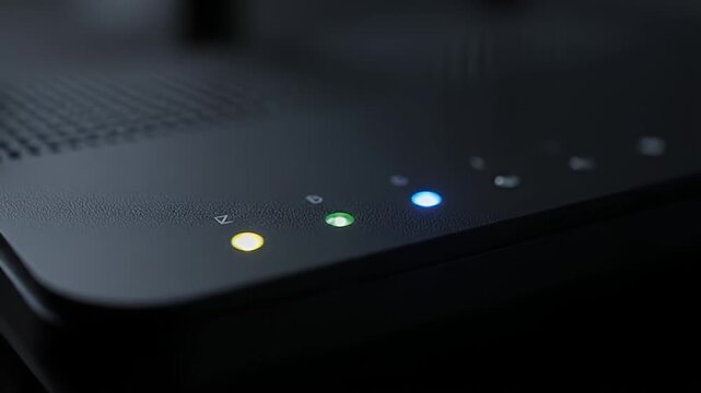 Closeup Matte Black Modem Router Status LED Indicator Lights
