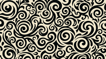 Intricate black swirling patterns on a beige background creating a seamless design.