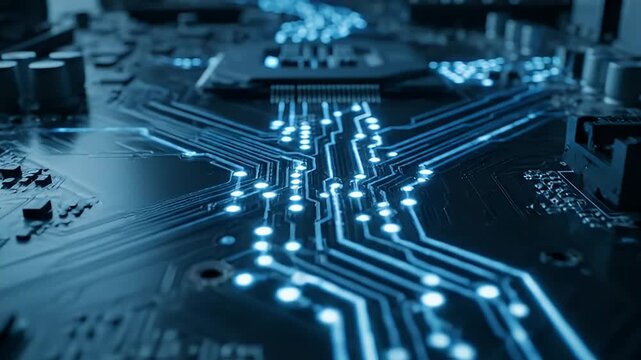 Glowing Blue Circuit Board Motherboard Closeup