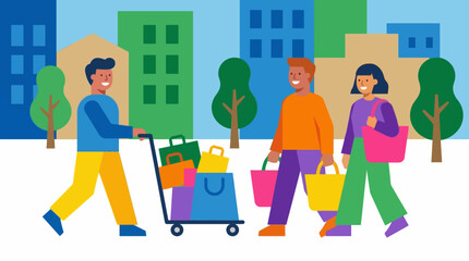 Diverse shoppers walking with bags and cart in urban cityscape. © Abhinaya Project