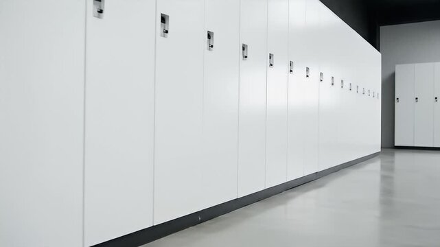 Long Row of Sleek Modern White Commercial Lockers in Clean Hallway