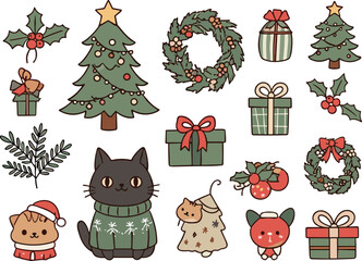 Fototapeta premium Cute Christmas holiday elements collection with cats gifts wreath tree holly festive winter decorations kawaii vector illustration set