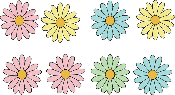 Cute colorful daisy flower collection set with pastel colors simple flat vector illustration isolated floral spring design elements