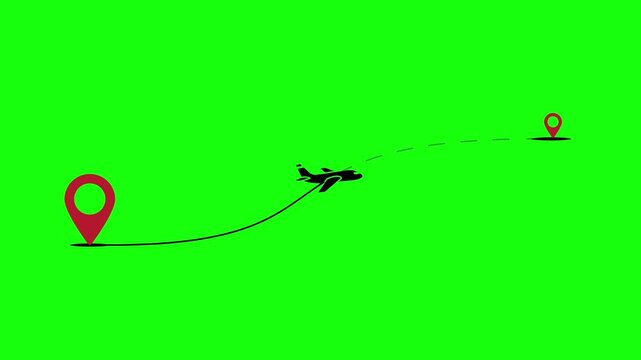 Airplane Silhouette Flight Path Animation Following Dotted Route Between Two Location Pins on Green Screen for Travel Video Overlay