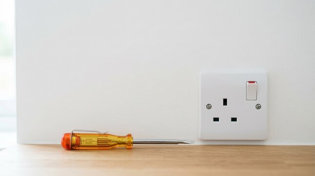 Electrical wall socket with switch mounted above wooden surface and screwdriver nearby, symbolizing household electrical fixture, DIY repair, and home maintenance