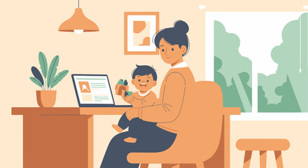 Fototapeta premium Mother working from home with baby