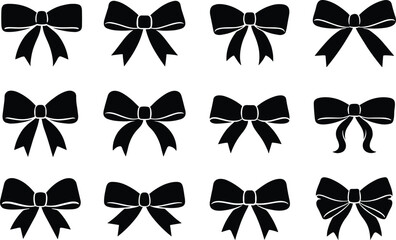 Black silhouette ribbon bow set, decorative gift bows collection with tails, elegant holiday present wrapping icons isolated on white background vector illustration.
