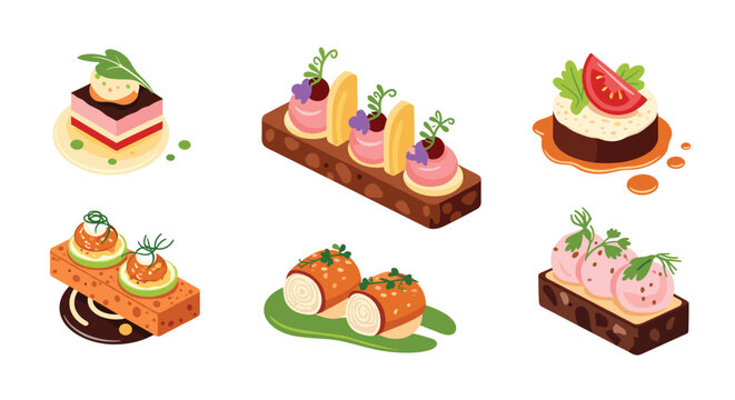 Selection of gourmet appetizers or hors d'oeuvres featuring layers of vegetables, fish, cream, and herbs on bread slices.
