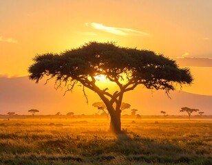Obraz premium A serene savannah landscape at sunset with a majestic tree (1)