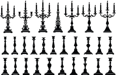 Collection of ornate candelabra and candlestick silhouettes in vintage styles including multi-arm holders single pillar bases elegant decorative candle stands black vector set © Rabbi's World