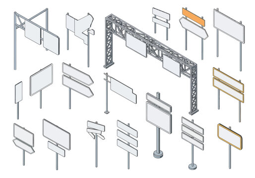Collection of various blank billboards and advertisement structures in different styles and orientations displayed from an isometric viewpoint