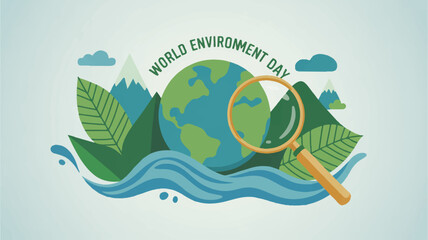 Naklejka premium Earth with magnifying glass world environment day concept with green leaves and blue waves on light background