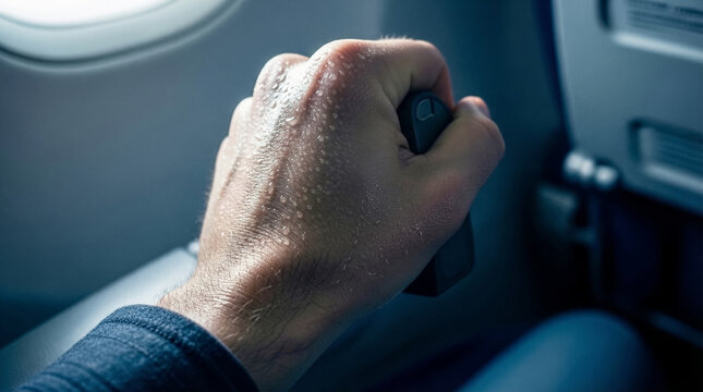 Sweating Man's Clenched Fist Gripping Airplane Seat Armrest in Anxiety