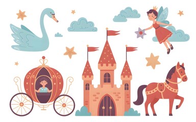 Fototapeta premium Whimsical fairy tale scene with magical castle and royal carriage