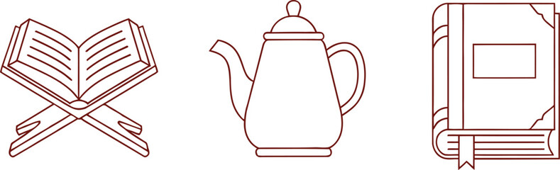 Obraz premium Open book on stand, teapot and closed book with bookmark, religious and everyday objects