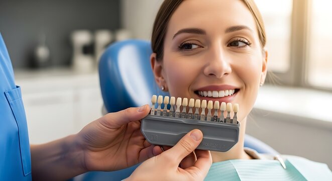 Womans teeth shade comparison in dental office during procedure