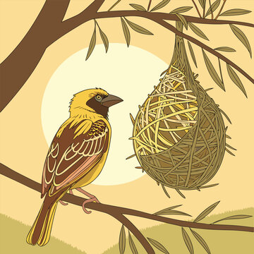 Hanging Baya Weaver Bird Nests on Palm Tree
