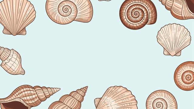 Background with various brown and tan seashells scattered along the edges with empty center space on light blue.