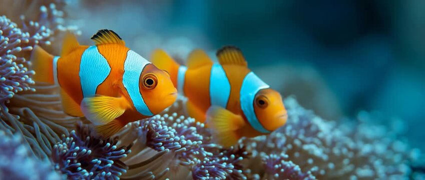 Nemo clown fish in the anemone on the colorful healthy coral reef. Anemonefish nemo couple swimming underwater. Scuba diving coral reef scene with nemo and anemone. fish