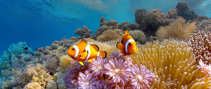 Nemo clown fish in the anemone on the colorful healthy coral reef. Anemonefish nemo couple swimming underwater. Scuba diving coral reef scene with nemo and anemone. fish