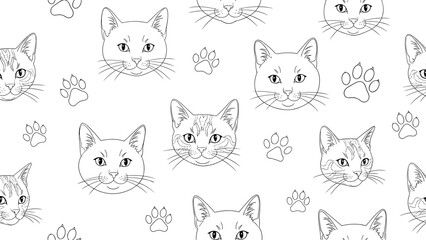 Fototapeta premium Playful seamless pattern with cute cat face outlines and paw print sketches in black and white line art for pet related branding and products.