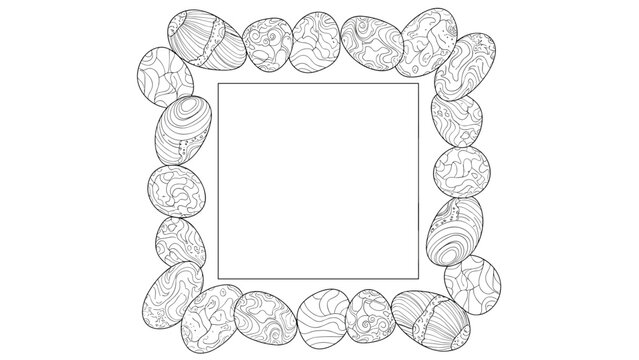 Square decorative frame composed of intricately patterned Easter eggs in black and white line art for holiday greeting cards and coloring.