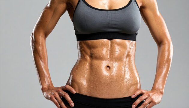 Elite Athlete Physique Muscular athletic woman showing defined six pack abs with sweaty skin wearing grey sports bra after intense fitness workout under dramatic gym lighting Sweaty Gym Warrior