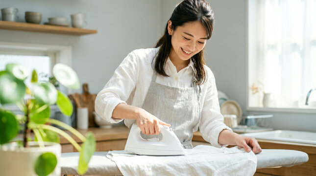 アイロンをかける女性：主婦と家事