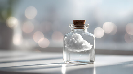 Cloud in a Bottle: A small glass bottle cradles a pristine cloud, with a cork stopper, placed in a soft, bright, and blurred background. Representing purity and serenity.