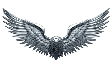 Obraz premium Metallic wings emblem with stylized silver feathers and chrome details symbolizing strength, freedom, speed, and elegance on transparent background