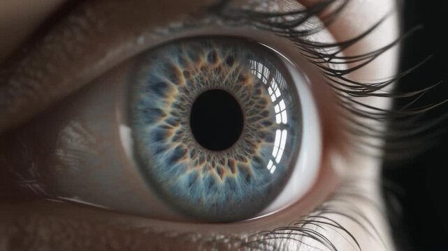 A detailed close-up view of a blue human eye with intricate iris patterns and eyelashes.
