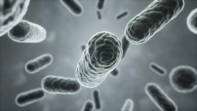 Microscopic view of bacteria floating in a fluid environment, captured from a high-angle perspective