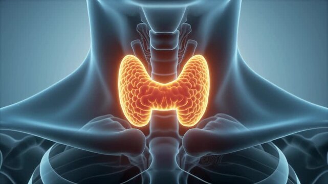 Detailed 3D medical illustration of human thyroid gland highlighted in orange, showcasing its intricate anatomy within the neck region from a frontal viewpoint