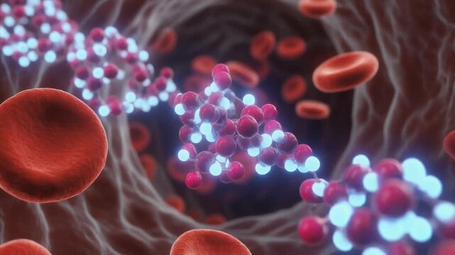 Red blood cells flowing through a vein with white and red particles