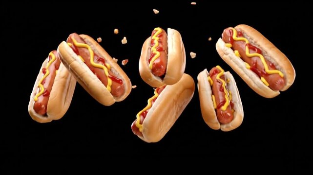 Whimsical composition of freshly prepared hot dogs with vibrant yellow mustard and scattered sesame seeds, captured mid-air against a stark black backdrop, creating a dynamic food display
