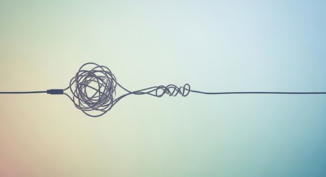 Intricate tangled wire, complex knot of cable, symbolizing problem solving, connection and chaos, smooth gradient background, concept of difficulty and resolution