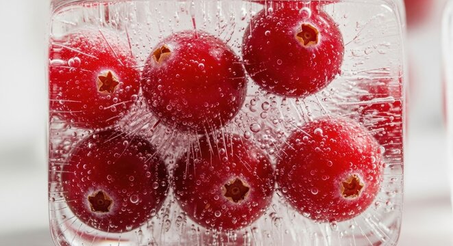 Macro close up of vibrant red cranberries suspended in clear ice block with tiny air bubbles, refreshing frozen fruit for drinks or desserts