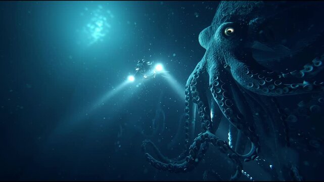 Deep sea diver futuristic submarine giant squid underwater monster abyss exploration ocean darkness sci fi adventure glowing light deep ocean marine creature underwater exploration aquatic mystery
