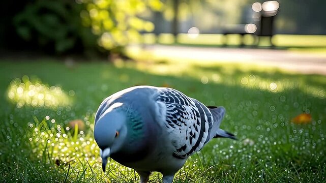 A captivating close-up shot features a beautiful rock dove, commonly known as a pigeon, standing gracefully on lush green grass illuminated by soft, natural light. Delicate dew drops shimmer on the bl