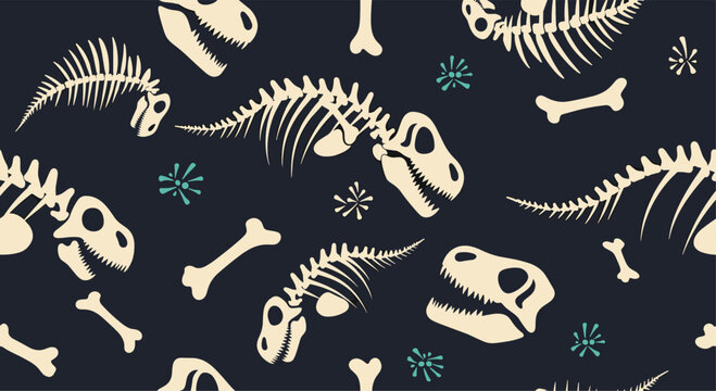 Exciting seamless pattern featuring various dinosaur skeletons and scattered bones, creating a prehistoric and adventurous design.