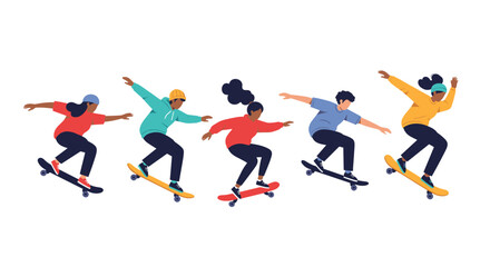 Fototapeta premium Energetic illustration showcasing a diverse group of young men and women actively skateboarding and performing tricks.