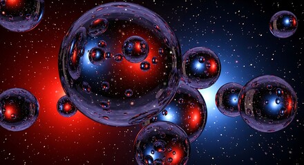 Fototapeta premium Abstract multiverse with glossy reflective bubbles floating in a starry space, each containing a miniature cosmic scene, illuminated by ethereal red and blue light.