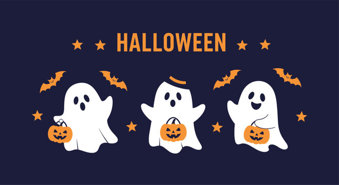 Adorable Halloween illustration featuring three friendly ghosts holding pumpkin buckets surrounded by bats stars and festive lettering.