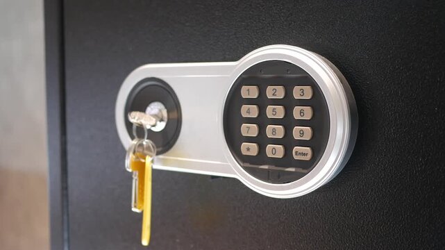 Close up shot of keys in lock on a digital safe keypad security system