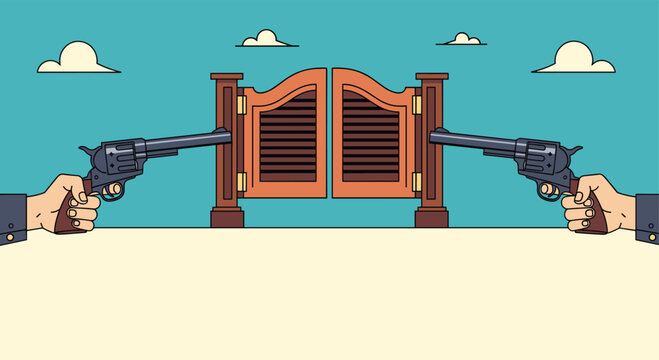 Intense illustration of two hands holding revolvers in a classic Western standoff scene in front of saloon doors.