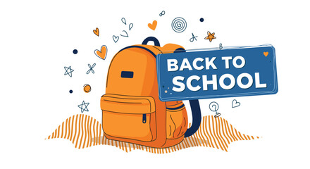 Fototapeta premium Back to school themed graphic featuring a bright orange backpack surrounded by playful blue and orange star and heart doodles on white.