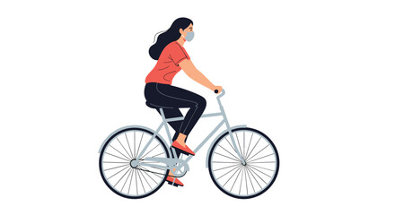 Fototapeta premium Illustration of a woman wearing a white face mask while riding her bicycle for commuting or exercise during health precautions.