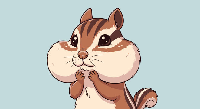 A cute cartoon chipmunk with full cheeks and paws held up to its chin.