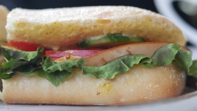 Close up view of fresh appetizing panini sandwich with ham lettuce and tomatoes on white plate